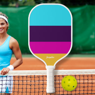 Fun Colour Block Stripes Personalized Text Name Pickleball Paddle