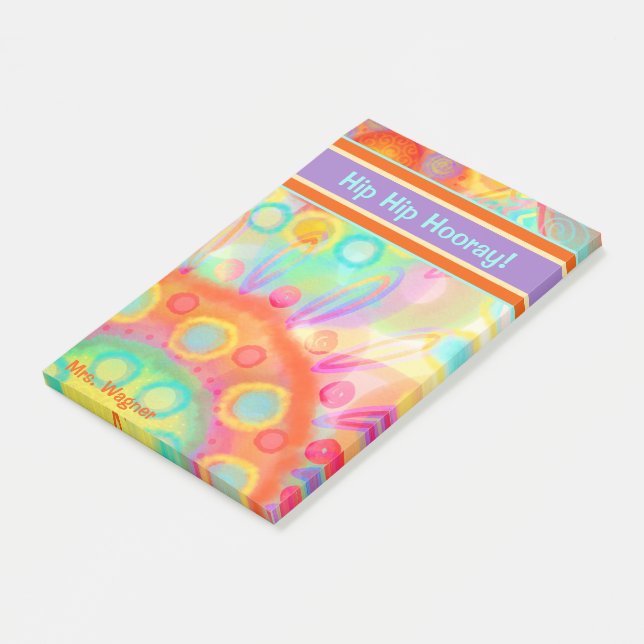 Fun Coloured ‘Hip Hip Hooray’ Personalized Teacher Post-it Notes (Angled)