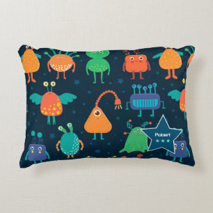 Fun Colourful Alien Pattern for Kids on Blue Accent Pillow