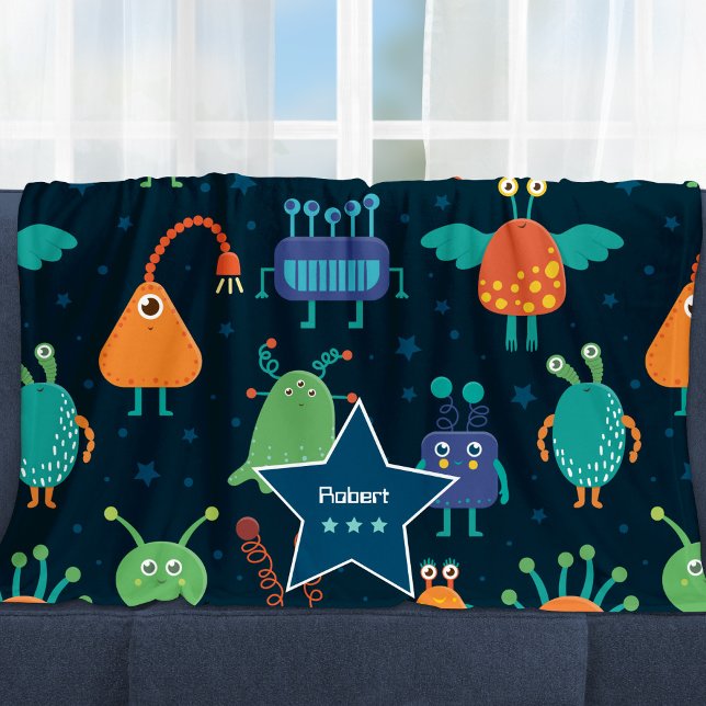 Fun Colourful Alien Pattern for Kids on Blue Fleece Blanket (Creator Uploaded)