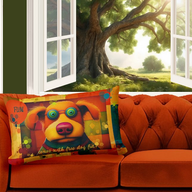 Fun Colourful Artistic Dog Lumbar Pillow (Pillow featuring a colorful design with a dog and your own funny texts - nice for a child birthday)