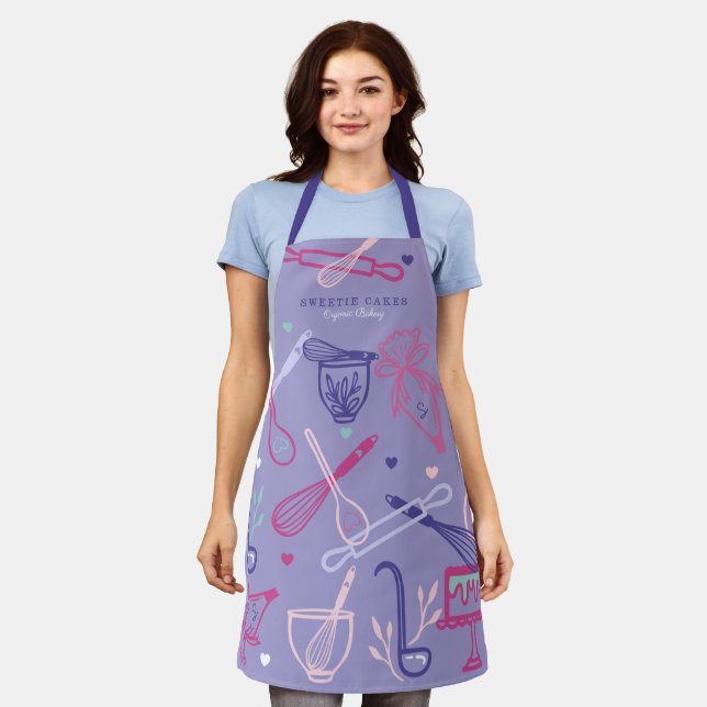 Fun Colourful Baking & Cooking Utensil Purple Apron (Worn)