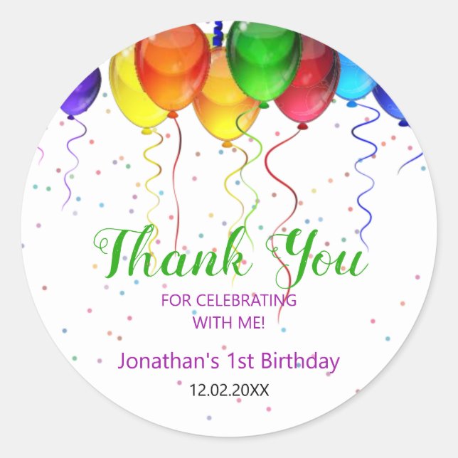 Fun Colourful Balloon Wonderland 1st Birthday  Classic Round Sticker (Front)
