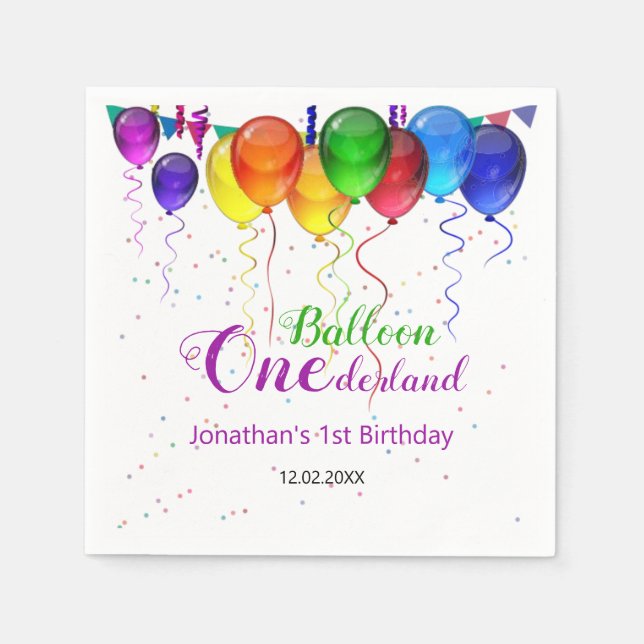 Fun Colourful Balloon Wonderland 1st Birthday  Napkin (Front)