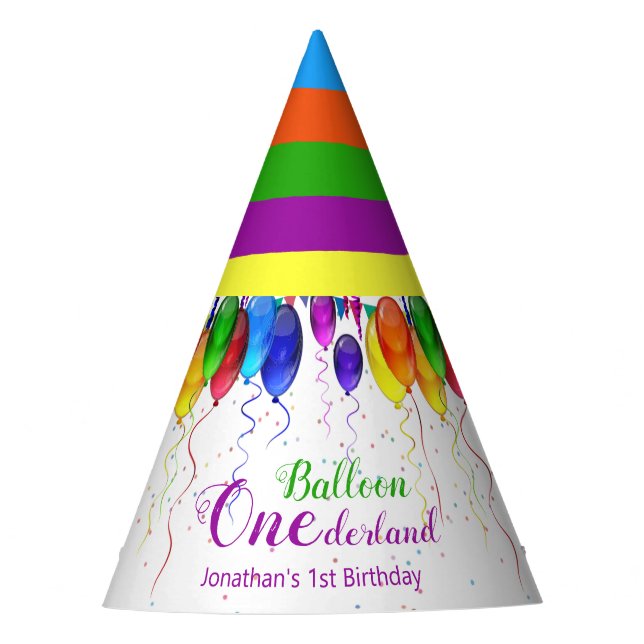 Fun Colourful Balloon Wonderland 1st Birthday  Party Hat (Front)