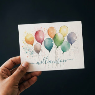 Fun Colourful Balloons with Last Name Note Card