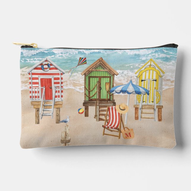 Fun Colourful Beach Cabins Water Monogram Accessory Pouch (Front)