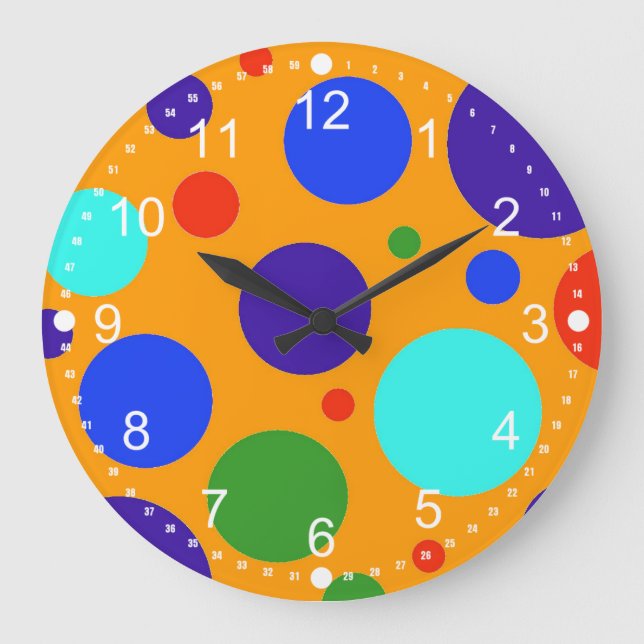 Fun Colourful Big Polka Dots Blue Orange Green Large Clock (Front)