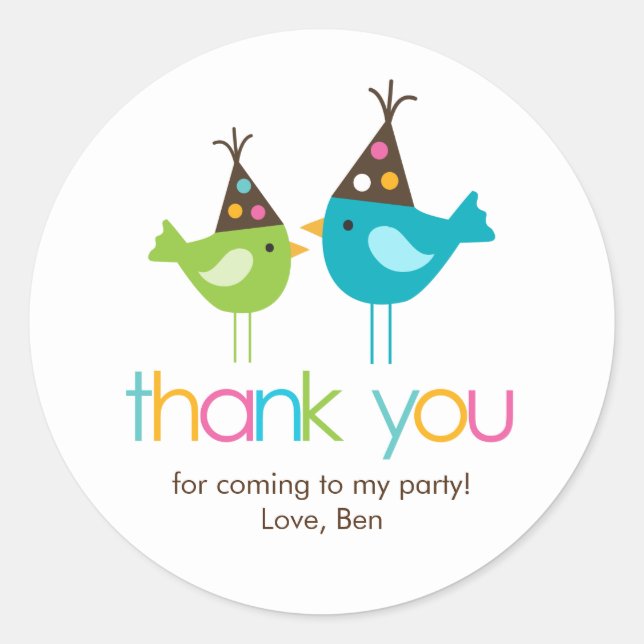 Fun Colourful Birds Birthday Party Classic Round Sticker (Front)