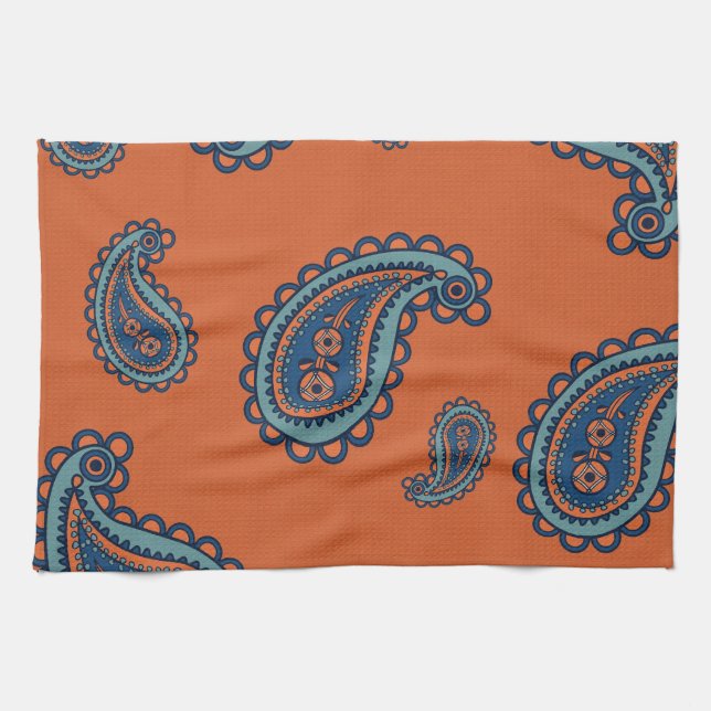 Fun Colourful Blue and Orange Paisley Pattern Kitchen Towel (Horizontal)