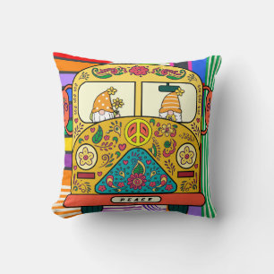 Fun Colourful Bohemian Gnomes in Cool Hippie Van Throw Pillow
