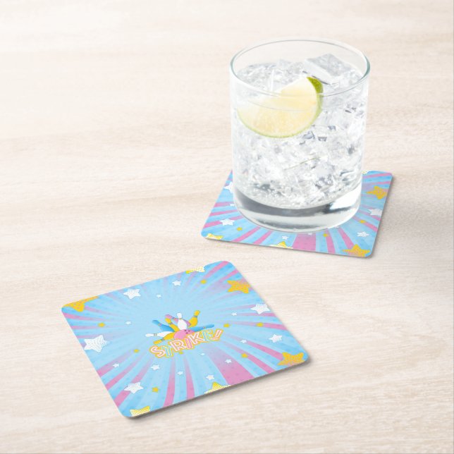 Fun & Colourful Bowling Party Square Paper Coaster (Insitu)