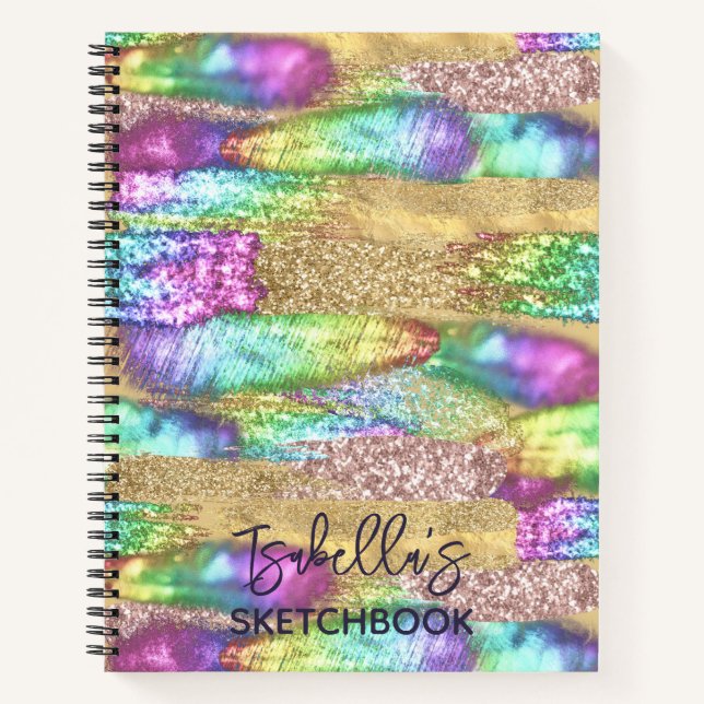 Fun Colourful Brush Strokes Faux Unicorn Glitter Notebook (Front)