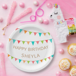 Fun Colourful Bunting Flags Name Birthday Party Paper Plate