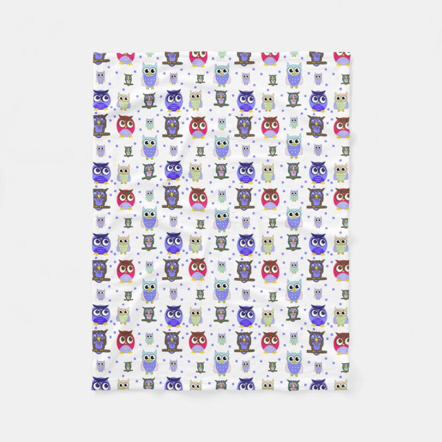 Fun Colourful Cartoon Owls Fleece Blanket (Front)