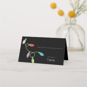 Fun Colourful Christmas Lights on Black Wedding Place Card