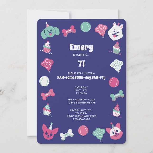 Fun Colourful Cute Dog Children's Birthday Party Invitation (Front)