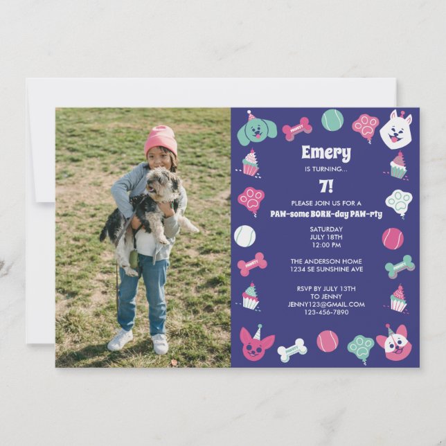 Fun Colourful Cute Dog Children's Birthday Party Invitation (Front)