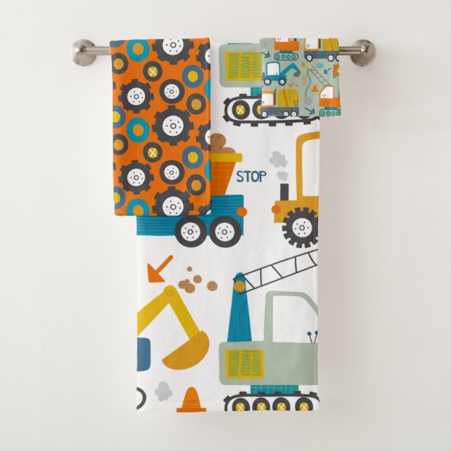 Fun Colourful Digger Truck Pattern Bath Towel Set (Insitu)