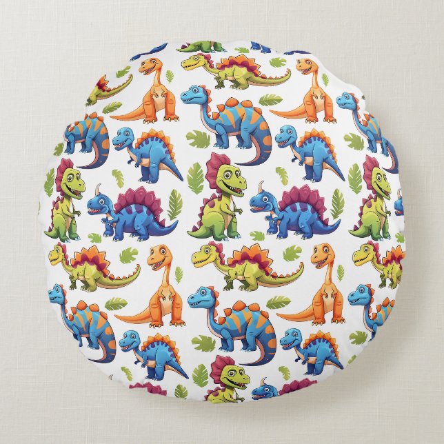Fun Colourful Dinosaur Themed Dino-Mite  Round Pillow (Front)