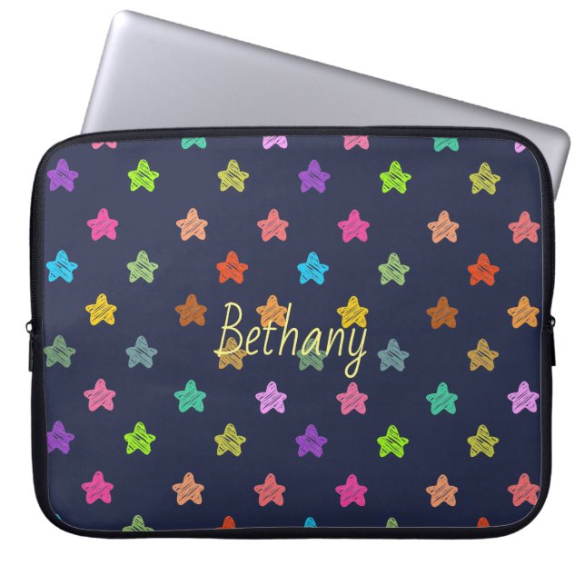 Fun Colourful Doodle Stars on Blue Personalised Laptop Sleeve (Front)