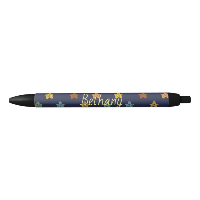 Fun Colourful Doodle Stars on Blue Personalized Black Ink Pen (Front)