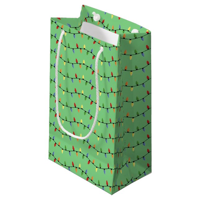 Fun Colourful Festive Holiday Tree Lights Pattern Small Gift Bag (Front Angled)