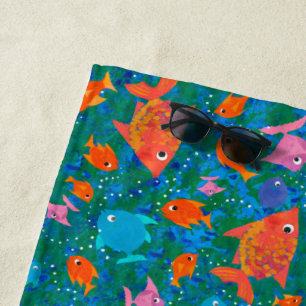 Fun Colourful Fish  on Ocean Blue and Green Beach Towel
