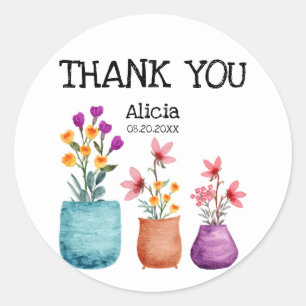 Fun & Colourful Flower On Pot Watercolor Thank You Classic Round Sticker