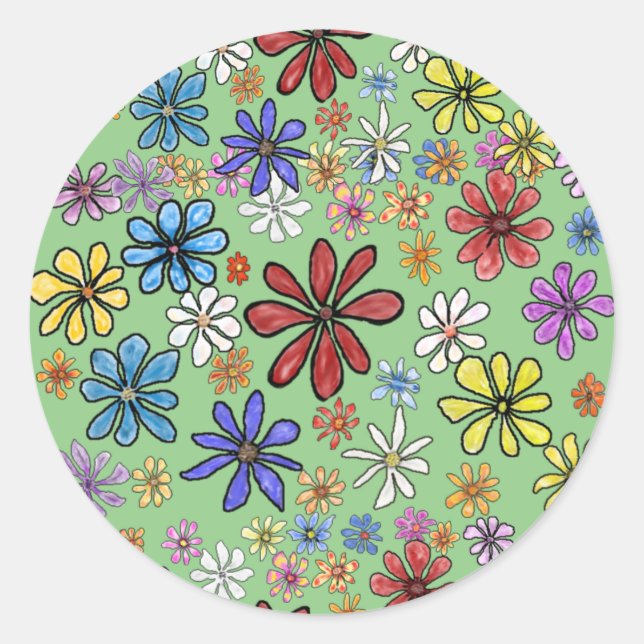 Fun Colourful Flowers Button Classic Round Sticker (Front)