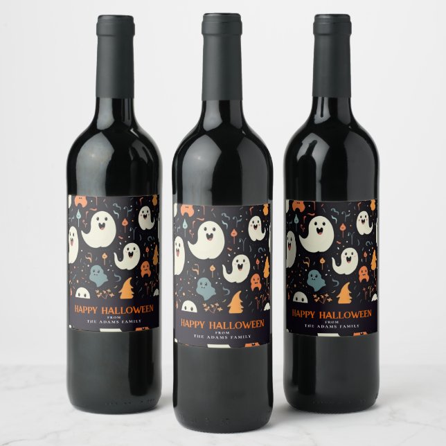 Fun Colourful Ghosts Personalized Happy Halloween Wine Label (Bottles)