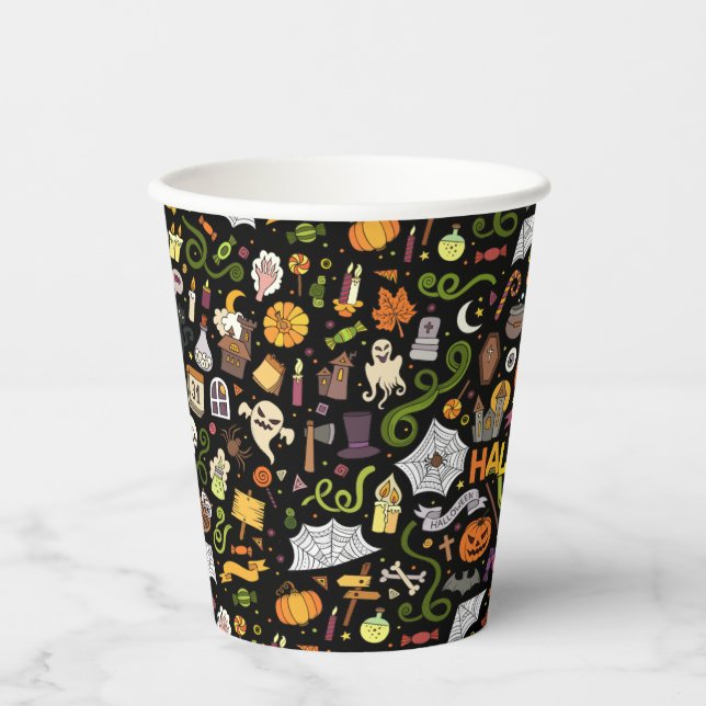 Fun Colourful Halloween Theme on Black Paper Cups (Front)