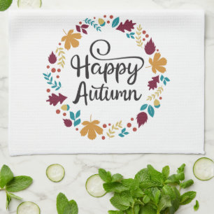 Fun Colourful Happy Autumn Fall Wreath Kitchen Towel