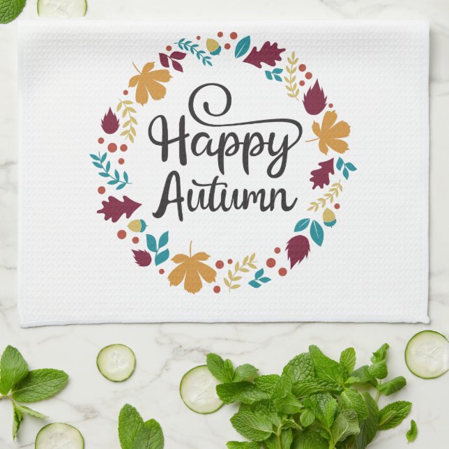 Fun Colourful Happy Autumn Fall Wreath Kitchen Towel (Folded)