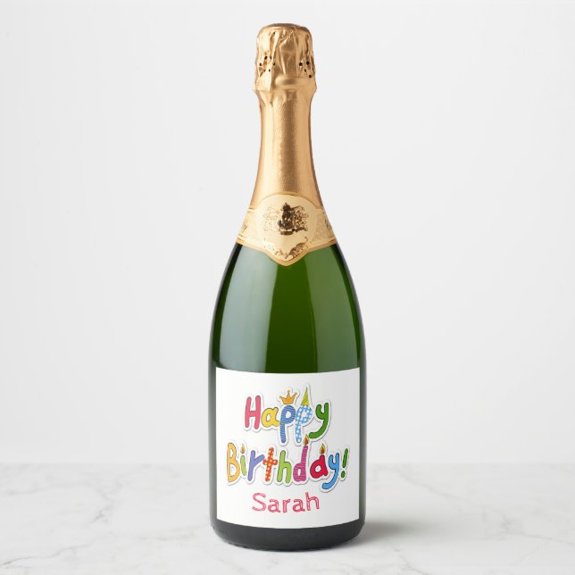 Fun & Colourful Happy Birthday Text – Personalized Sparkling Wine Label (Front)
