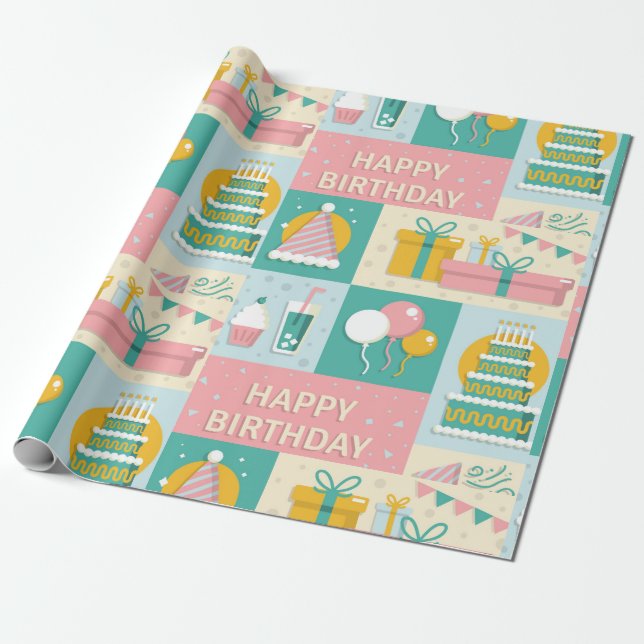Fun Colourful Happy Birthday Wrapping Paper (Unrolled)