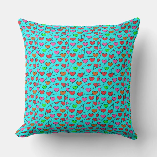 Fun Colourful Hearts on Turquoise Large Throw Pillow (Front)
