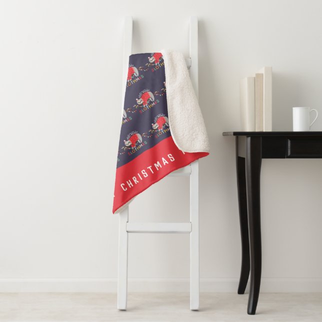 Fun colourful holiday modern sloth christmas sherpa blanket (In Situ)