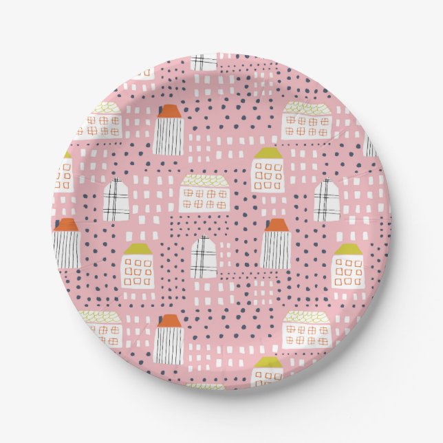 Fun colourful houses apartments city grid paper plate (Front)