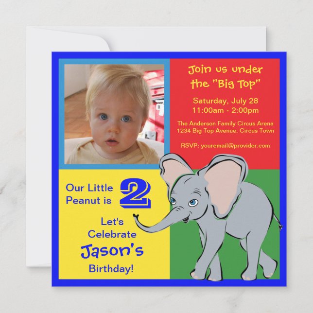Fun Colourful Little Elephant Photo Invitation (Front)