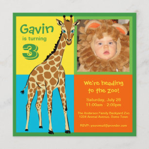 Fun Colourful Little Giraffe Photo Invitation