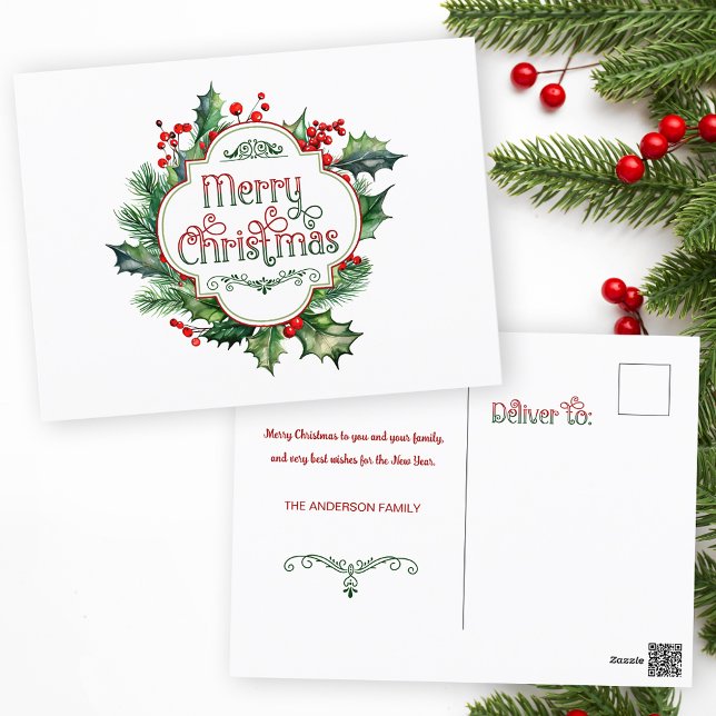 Fun Colourful Merry Christmas Holly Script Holiday Postcard (Creator Uploaded)