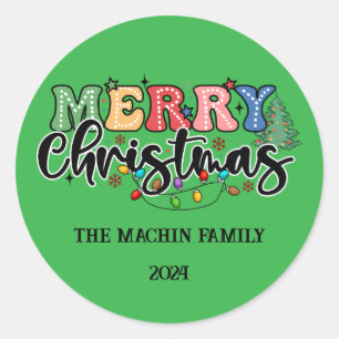 Fun, colourful Merry Christmas Personalized Family Classic Round Sticker
