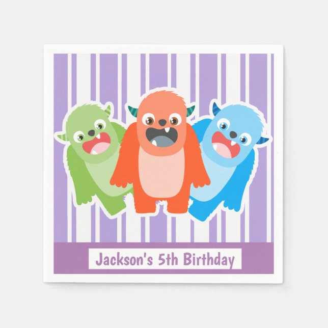 Fun Colourful Monsters Personalised Kids Birthday Napkin (Front)