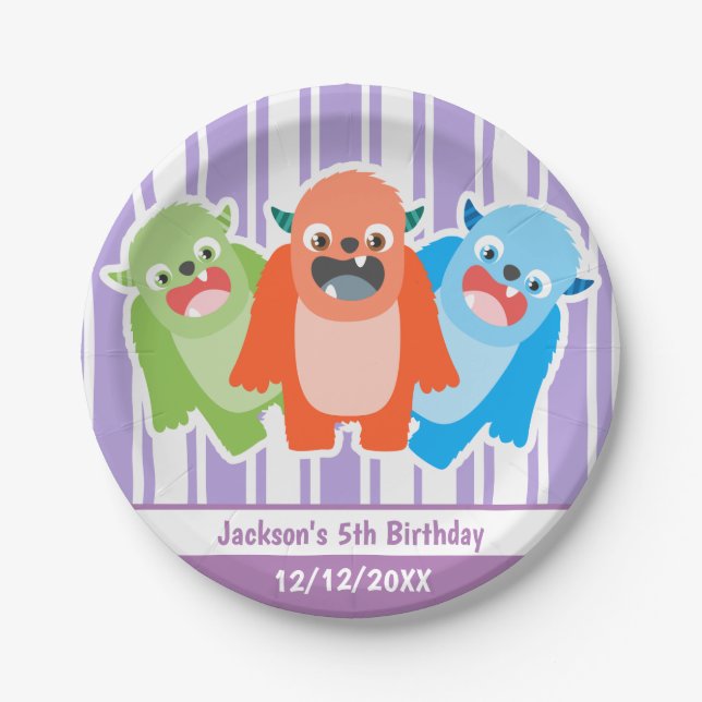 Fun Colourful Monsters Personalised Kids Birthday Paper Plate (Front)