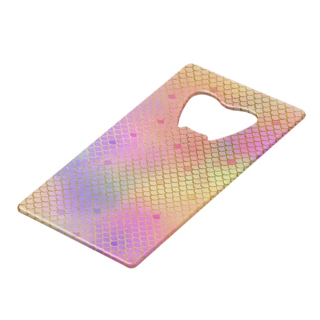 Fun Colourful Ombre Pastel Mermaid Pattern Credit Card Bottle Opener (Front Angled)
