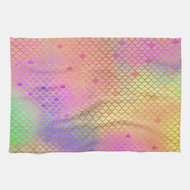 Fun Colourful Ombre Pastel Mermaid Pattern Kitchen Towel (Horizontal)
