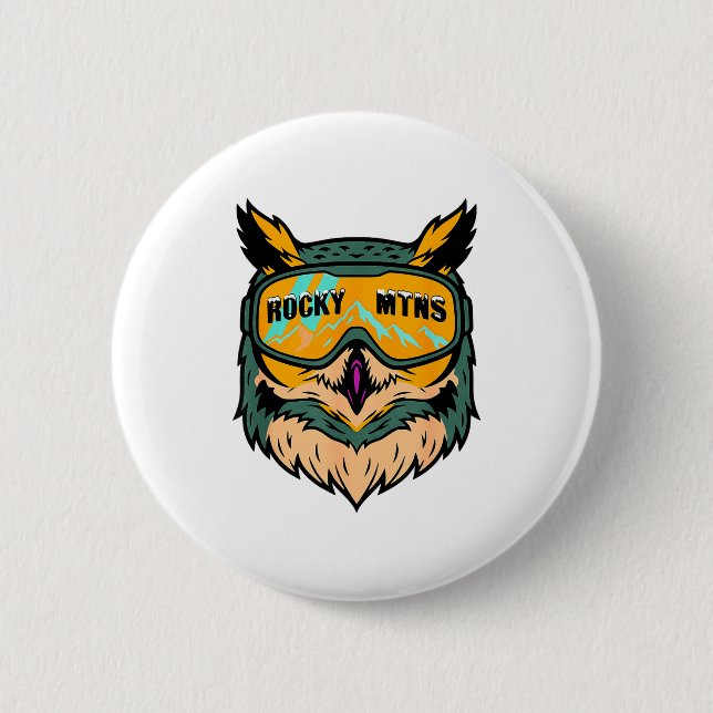 Fun colourful owl wearing ski goggles winter aspen 2 inch round button (Front)