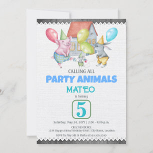 Fun Colourful Party Animals Birthday Invitation