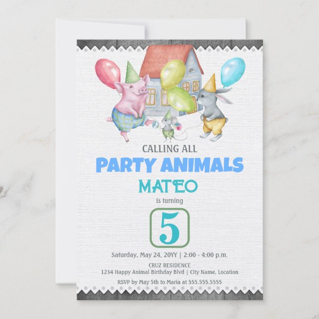 Fun Colourful Party Animals Birthday Invitation (Front)
